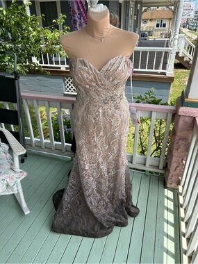 Mon Cheri Strapless Lace Appliqué Gown in Blush and Taupe